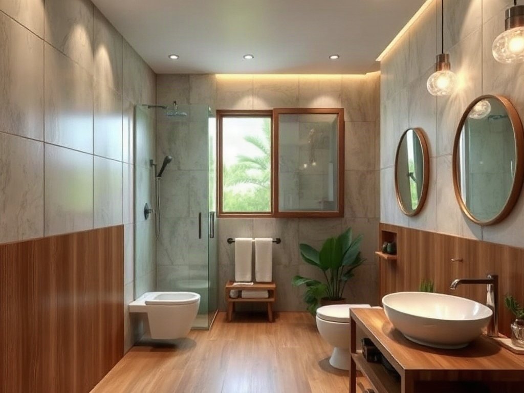 Phòng tắm Việt Nam với điểm nhấn gỗ.