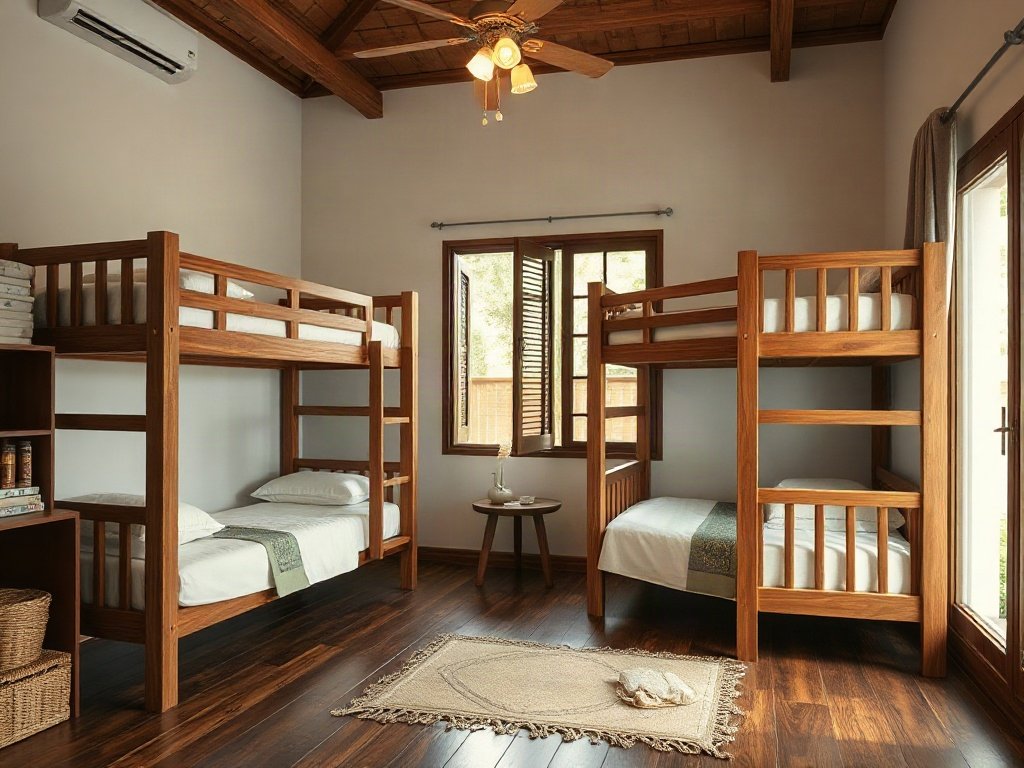 Giường tầng bằng gỗ trong ngôi nhà phong cách Việt Nam.