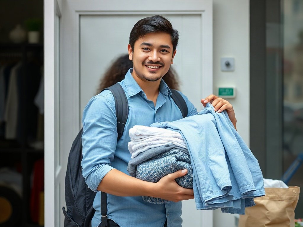 Khách hàng hài lòng với quần áo sạch tại dịch vụ giặt