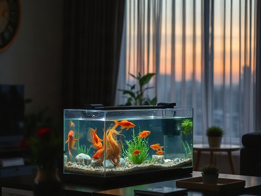 Khung cảnh buổi tối êm ả với ánh đèn nhẹ từ hồ cá trong phòng khách Việt Nam.