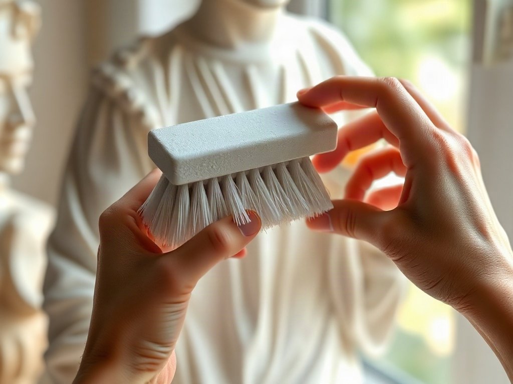 Làm sạch tượng gốm bằng bàn chải mềm dưới ánh sáng tự nhiên