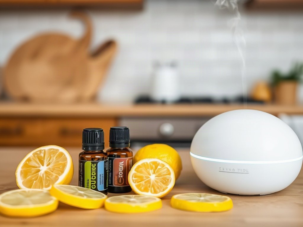 Lát chanh và tinh dầu cạnh máy khuếch tán trong bếp