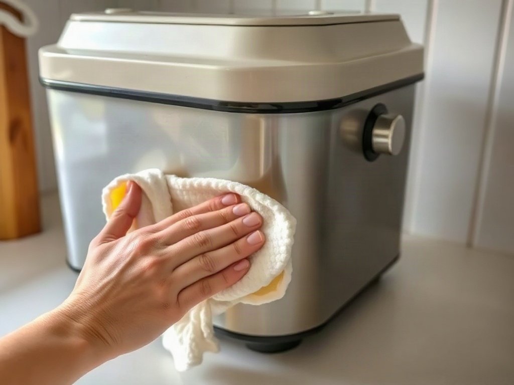 Lau chùi bên ngoài máy làm bánh mì trên bàn bếp sạch.