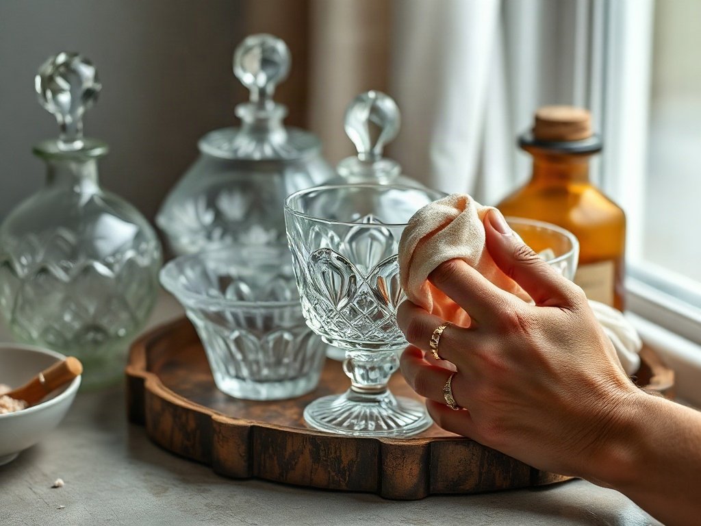 Lau dọn đồ thủy tinh vintage bằng vải mềm và dung dịch tự nhiên