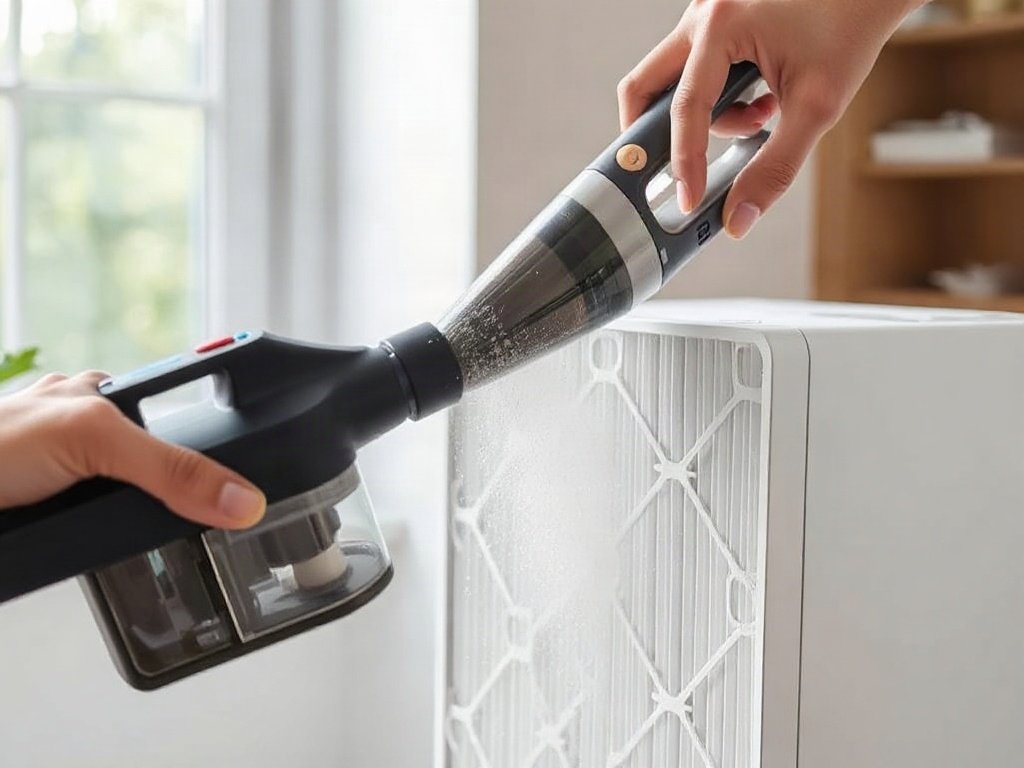 Máy hút bụi cầm tay loại bỏ bụi khỏi bộ lọc không khí.