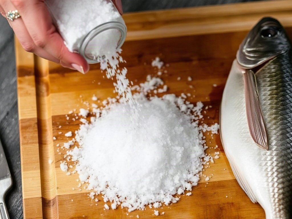 Muối được chà lên thớt gỗ cùng cá bên cạnh