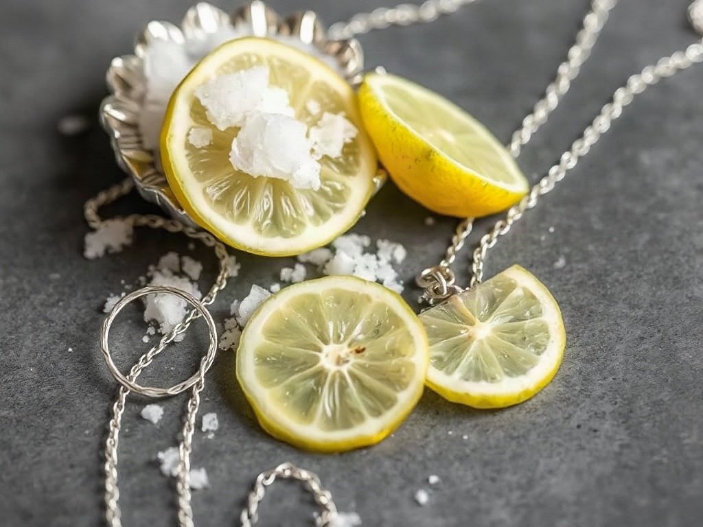 Muối và lát chanh bên cạnh vòng cổ bạc đang được làm sạch.
