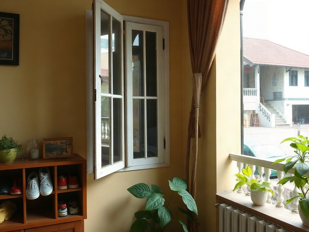 Ngôi nhà Việt Nam với cửa sổ mở và tủ giày, gợi ý sự thông gió.