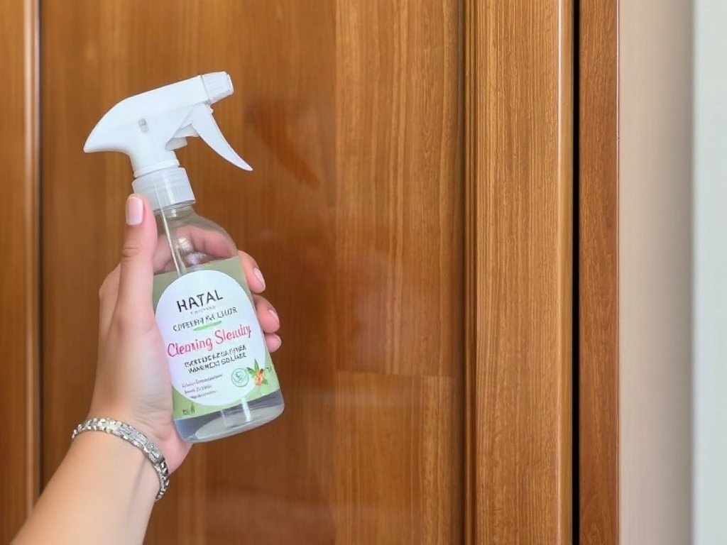 Người áp dụng dung dịch làm sạch tự nhiên lên tủ gỗ khảm trai