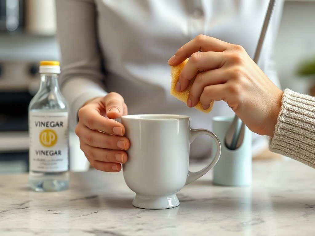 Người chà cốc cà phê với giấm trắng và bọt biển trong bếp hiện đại.