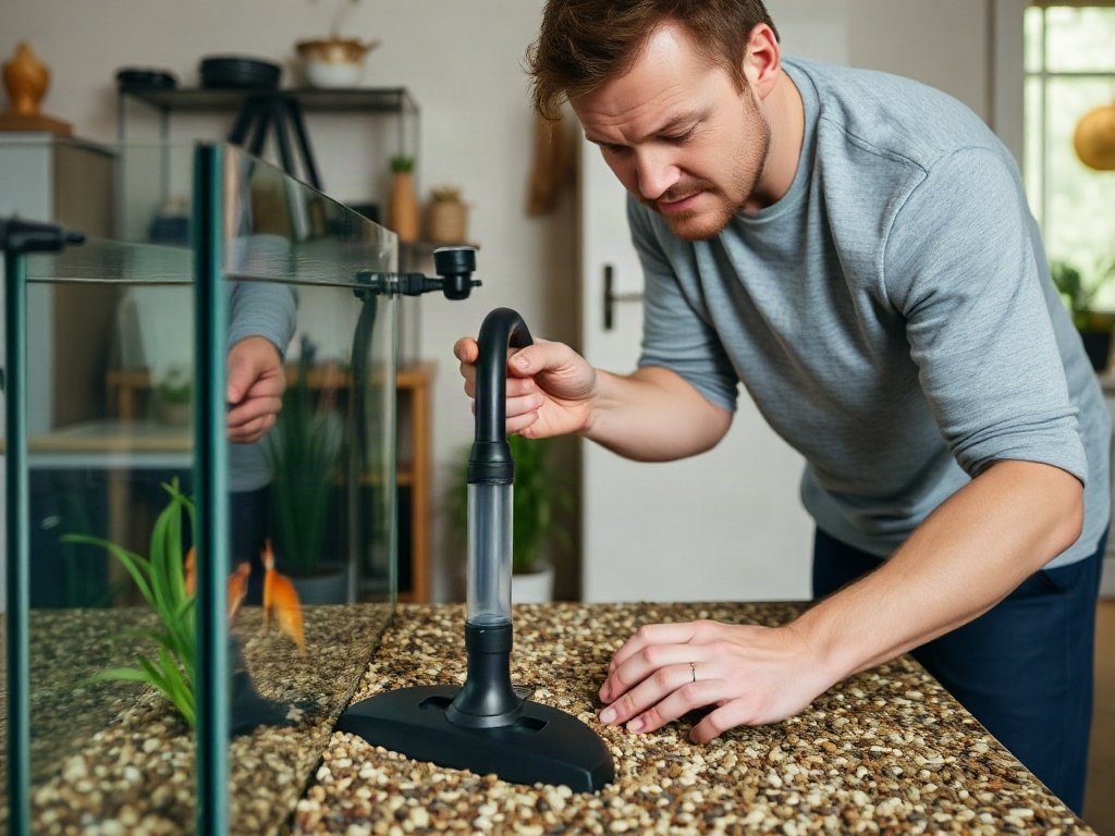 Người đàn ông vệ sinh đáy hồ cá bằng dụng cụ hút bụi trong nhà.
