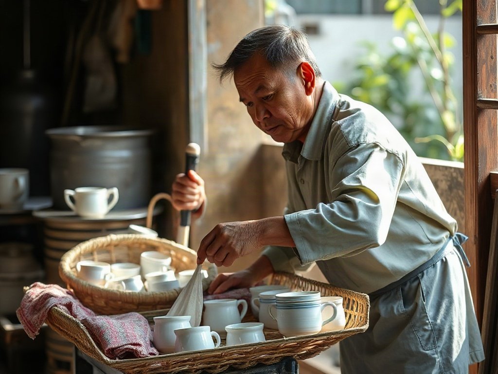 Người đàn ông Việt Nam đang lau khô cốc gốm bằng khăn