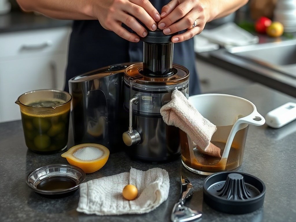 Người đang dùng khăn sạch để lau khô các bộ phận của máy ép trên quầy bếp