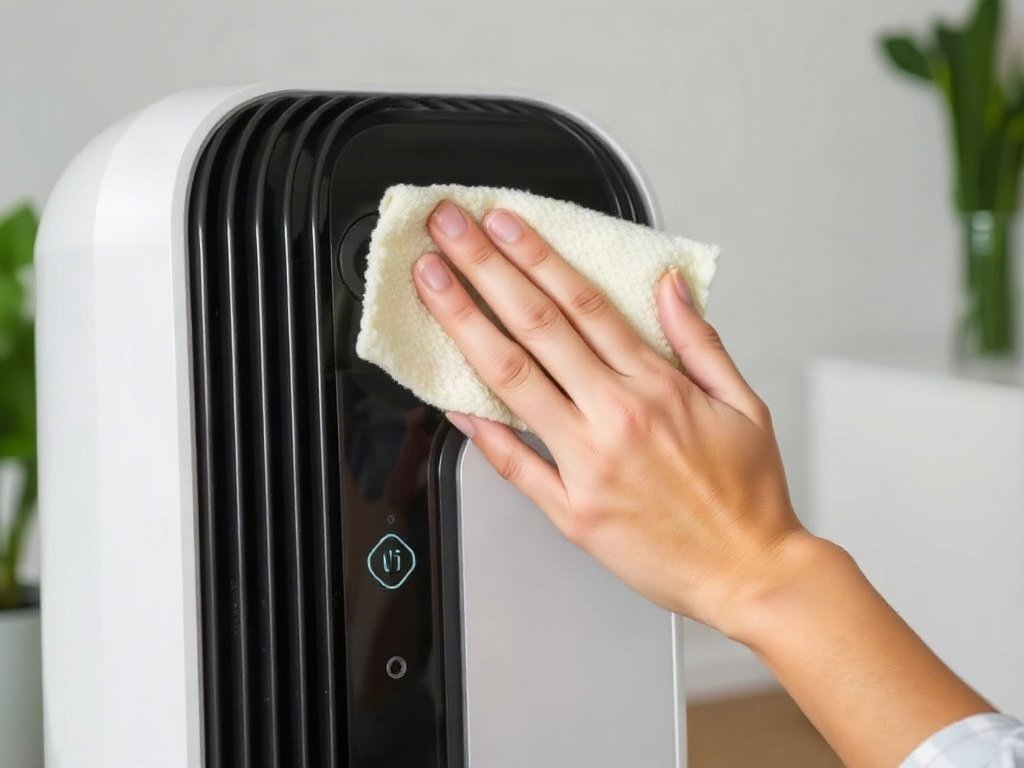 Người đang lau máy lọc không khí bằng vải mềm, nội thất phòng.