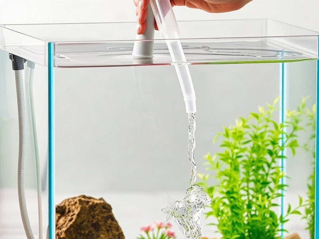 Người đang thay nước trong hồ cá bằng ống hút, nước sạch đang chảy.