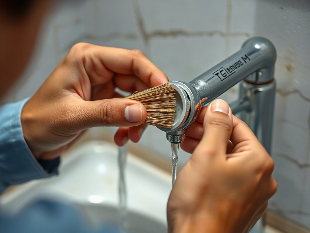 Người dùng bàn chải nhỏ để làm sạch đầu vòi nước.