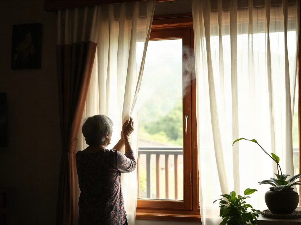 Người hấp rèm gần cửa sổ mở tại nhà Việt.