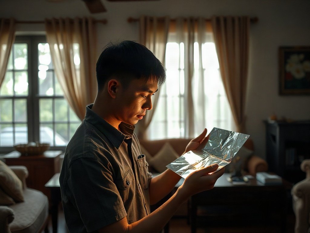 Người kiểm tra bề mặt kim loại dưới ánh sáng khác nhau trong phòng khách Việt Nam.