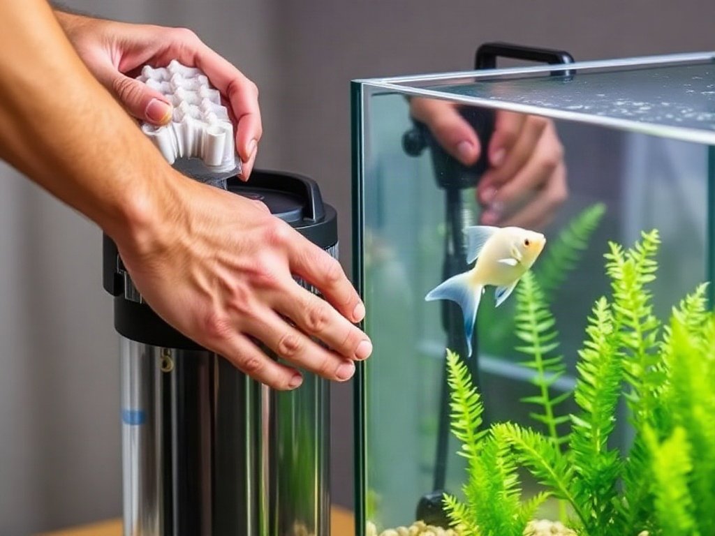 Người kiểm tra bộ lọc nước hồ cá, các bộ phận lọc đang được làm sạch.