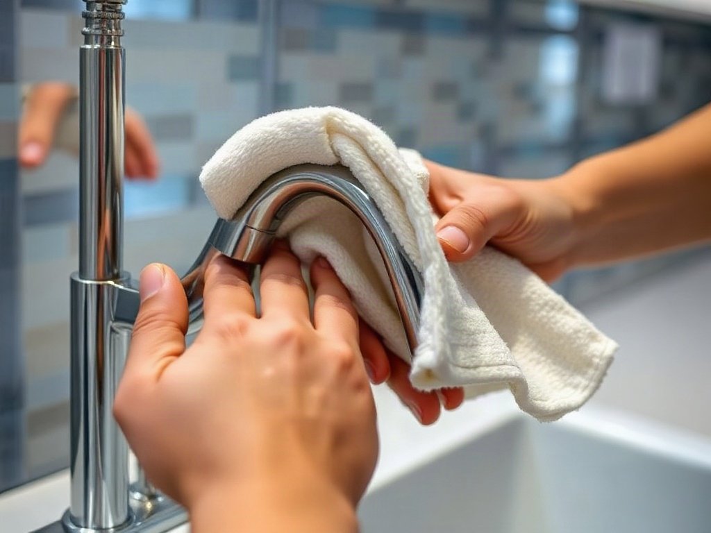 Người lau vòi nước bằng khăn khô, phản chiếu hình ảnh gian bếp.