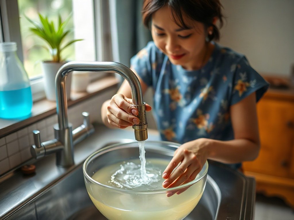 Người phụ nữ Việt ngâm đầu vòi nước trong bát giấm tại nhà.