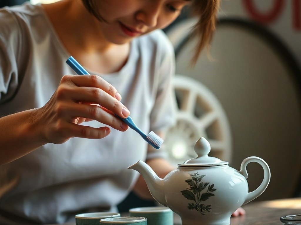 Người phụ nữ Việt sử dụng bàn chải đánh răng để sạch ấm trà gốm mốc
