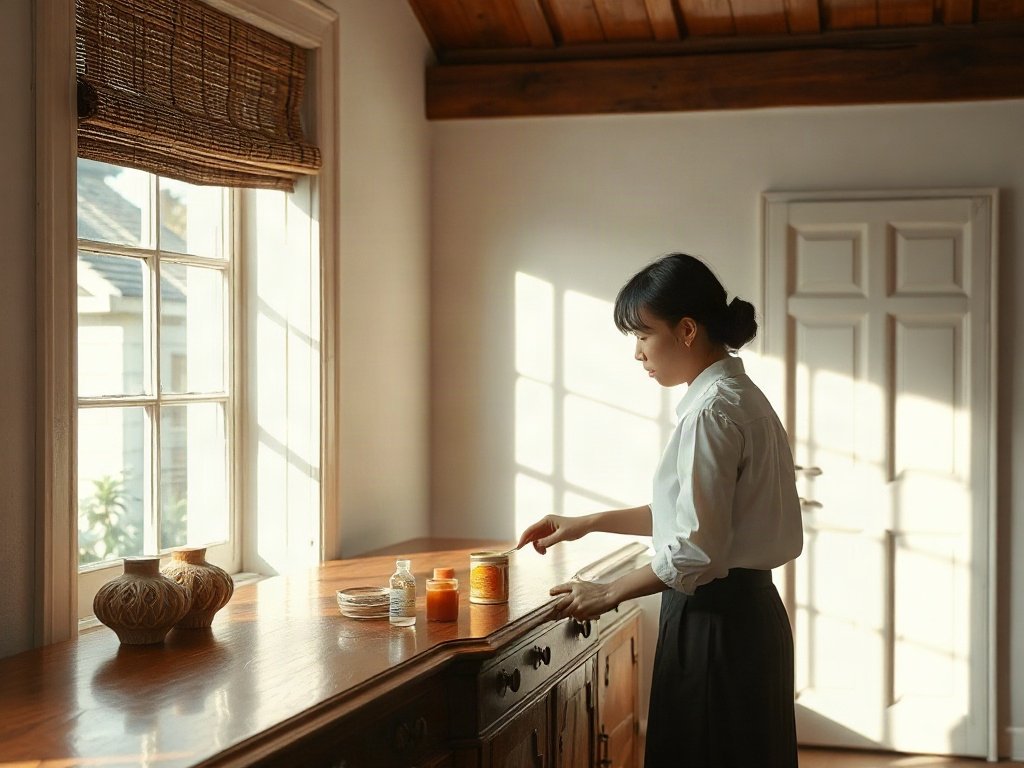 Người Việt áp dụng sáp tự nhiên lên tủ gỗ antique trong không gian nội thất sáng