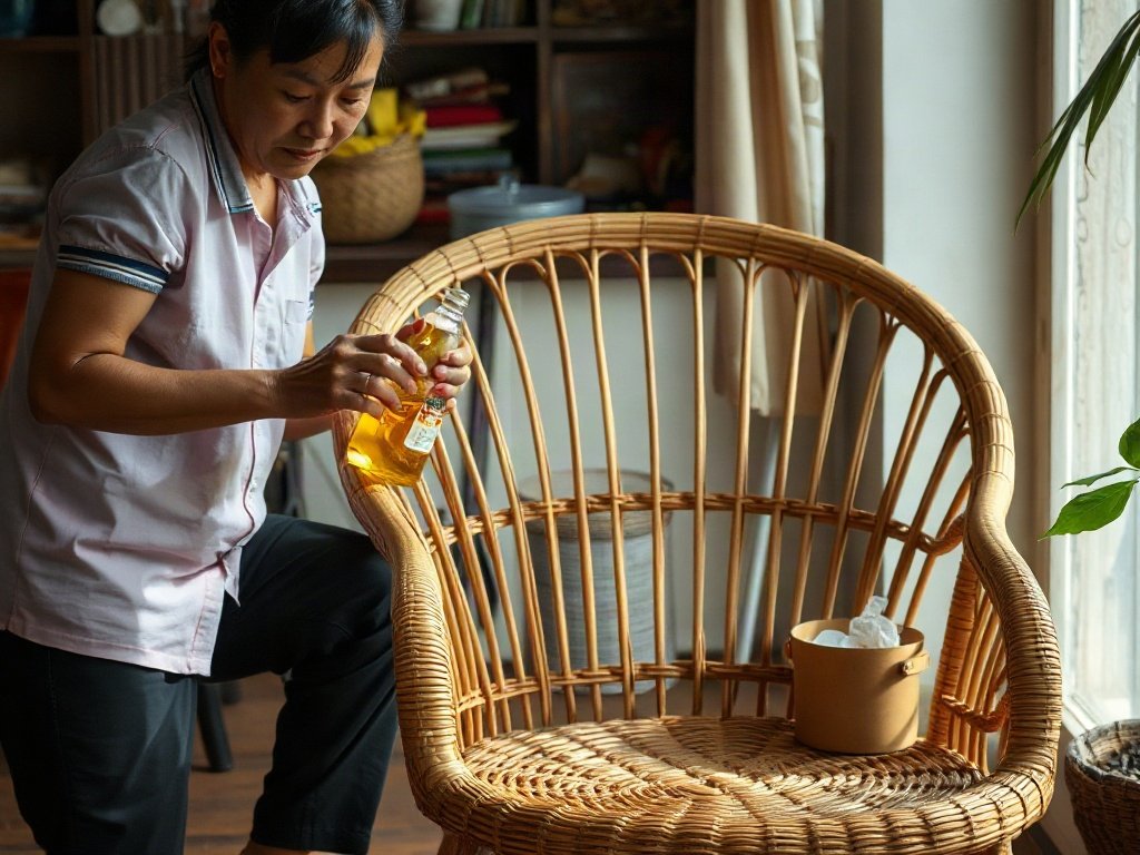 Người Việt bôi dầu tự nhiên lên ghế mây trong nhà.