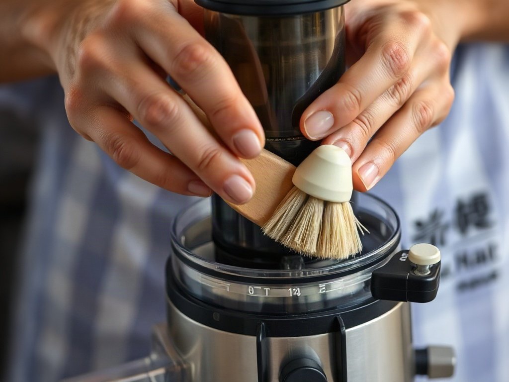 Người Việt đang chà các bộ lọc và lưỡi dao của máy ép với bàn chải mềm