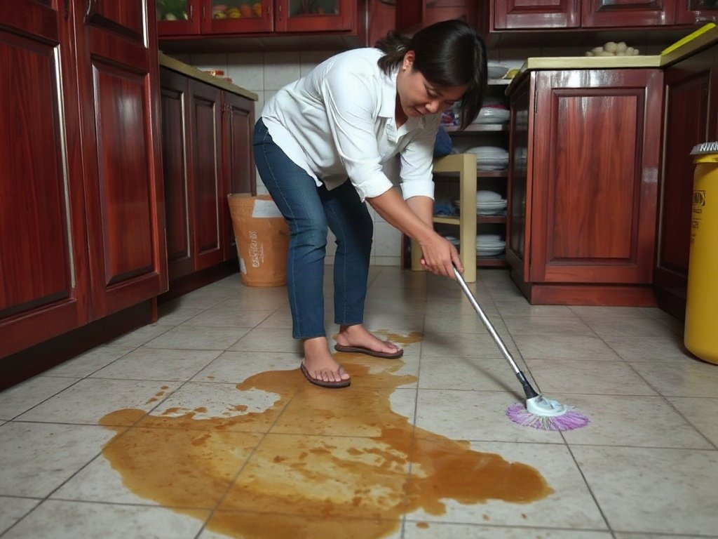 Người Việt đang chà sàn bếp với vết dầu mỡ