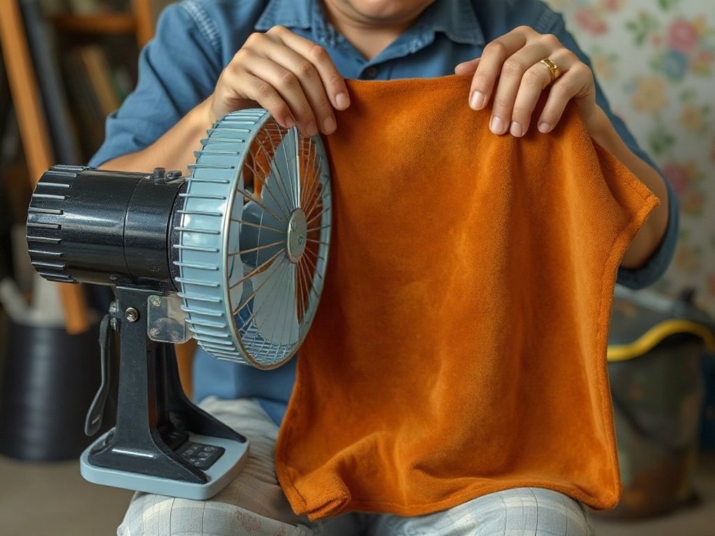 Người Việt đang dùng quạt nhỏ di động để làm khô một miếng da lộn đã được làm sạch.