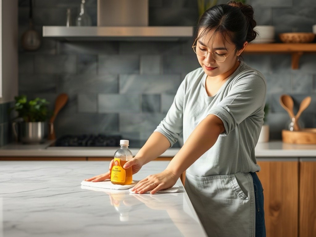 Người Việt đang làm sạch mặt bếp bằng dung dịch tự nhiên
