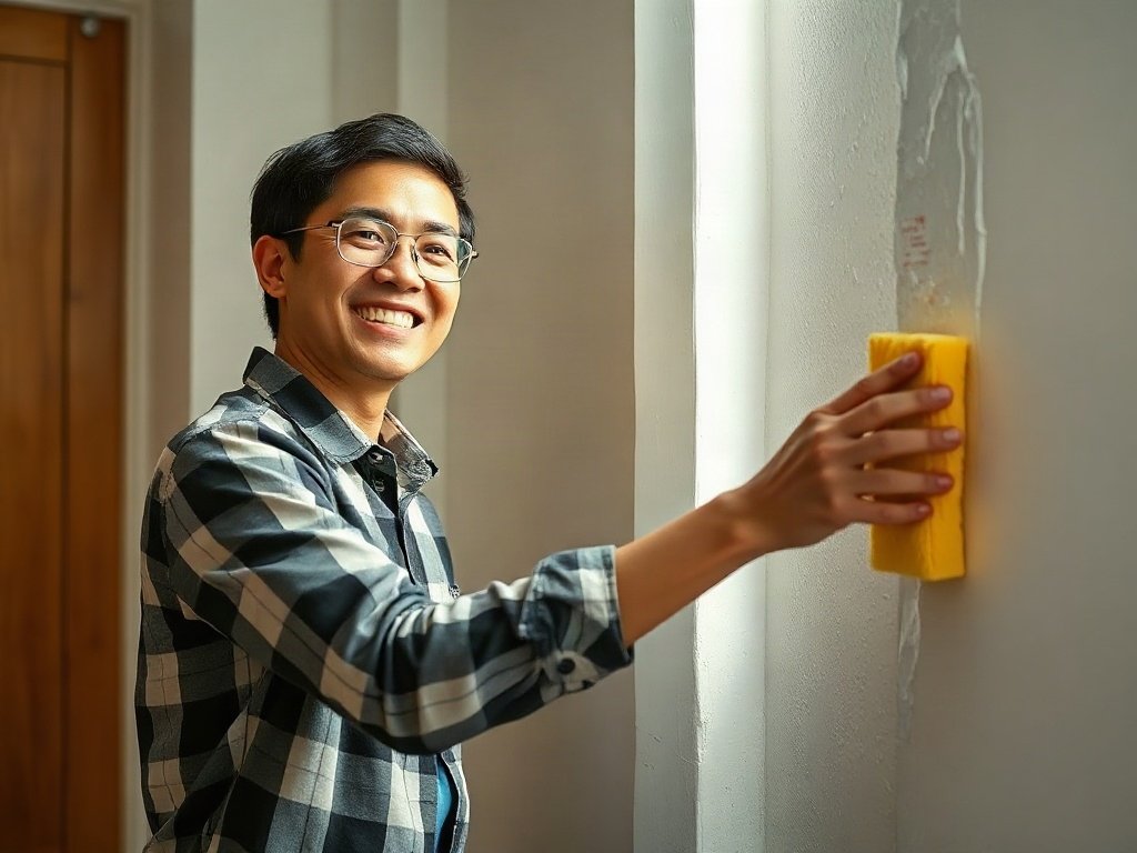 Người Việt đang mỉm cười khi lau tường bằng bọt biển trong phòng sáng