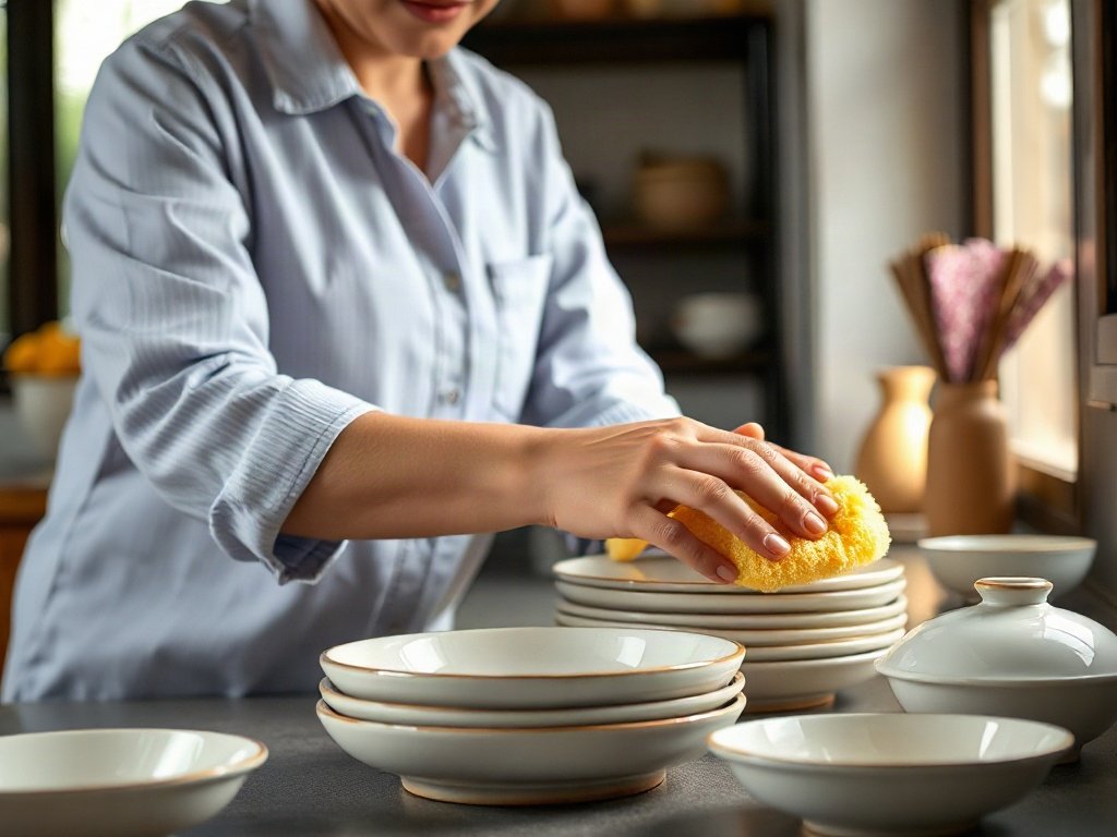 Người Việt đang nhẹ nhàng rửa bát đĩa gốm bằng bọt biển mềm.