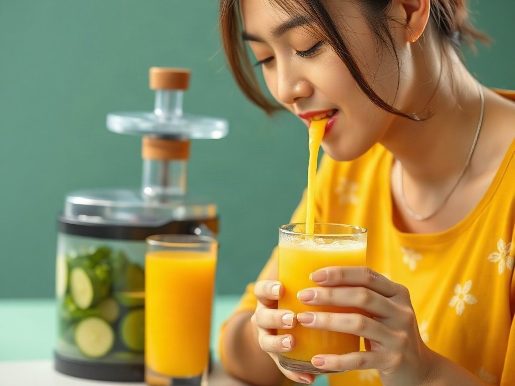 Người Việt đang thưởng thức ly nước ép tươi mát bên cạnh máy ép trái cây sạch sẽ