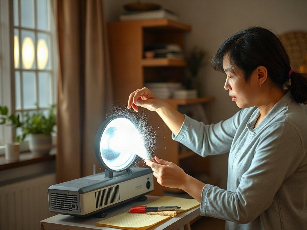 Người Việt đang vệ sinh máy chiếu trong nhà.