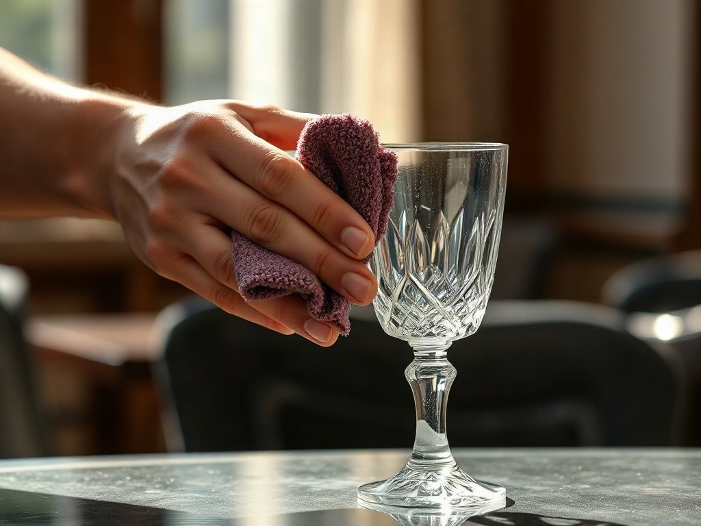 Người Việt đánh bóng cốc pha lê với khăn microfiber, để lộ độ lấp lánh dưới ánh sáng mặt trời.