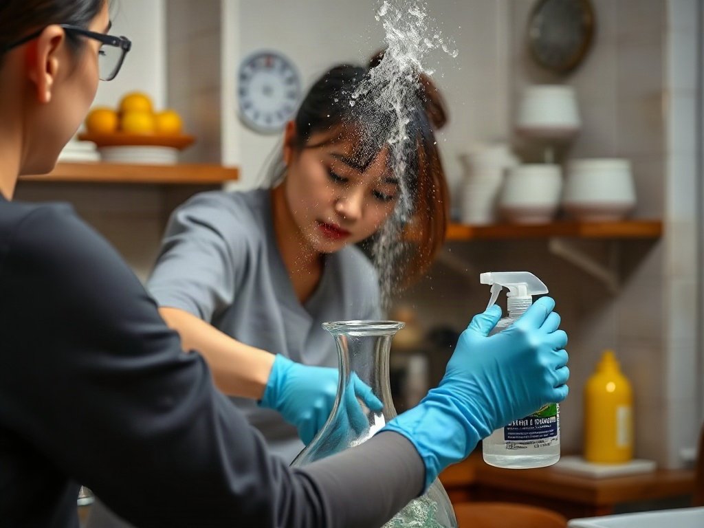 Người Việt đeo găng tay, làm sạch sâu bình hoa với amoniac trong bếp thông gió tốt.