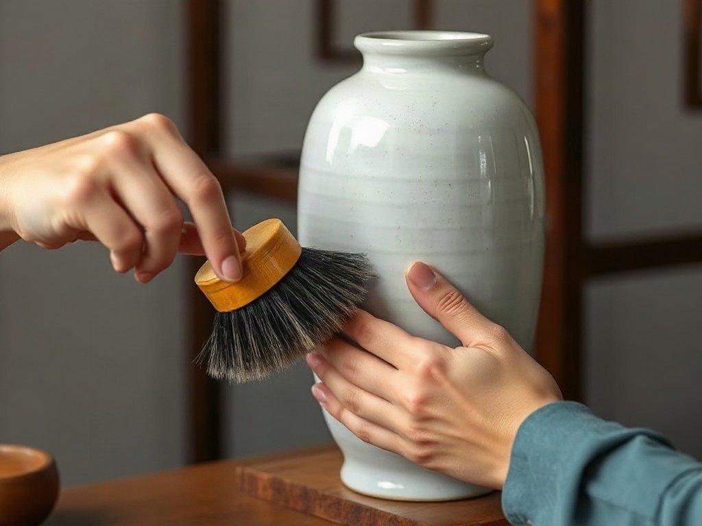 Người Việt dùng bàn chải mềm làm sạch các vị trí khó trên bình gốm.
