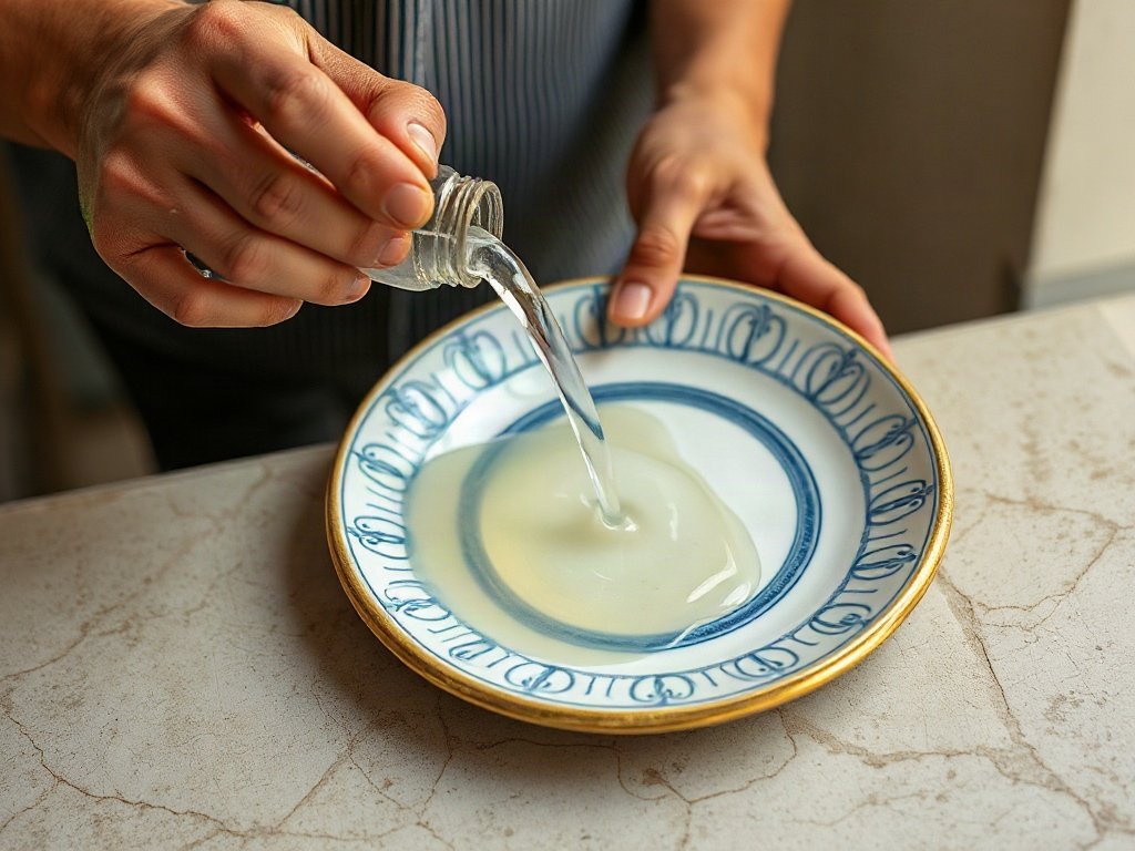 Người Việt dùng dấm và nước lau nhẹ nhàng đĩa gốm có hoa văn.