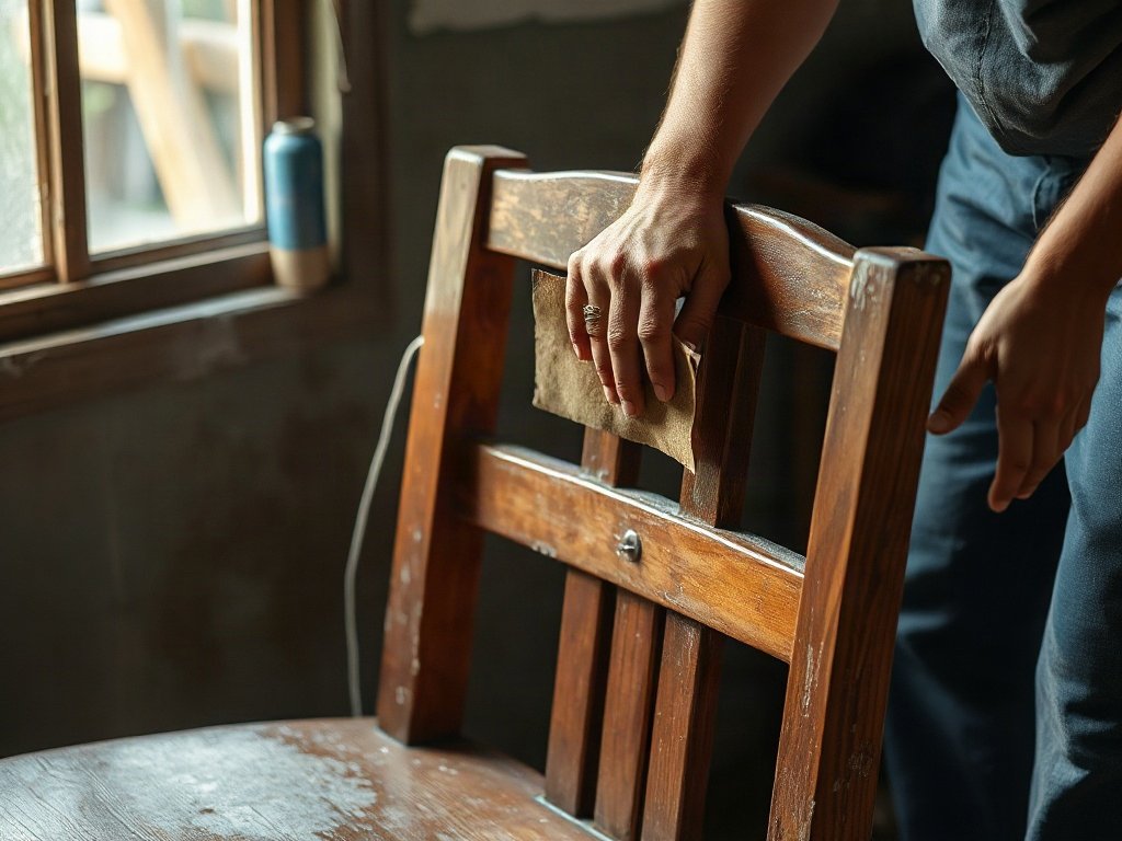 Người Việt dùng giấy nhám để tẩy sơn ghế gỗ