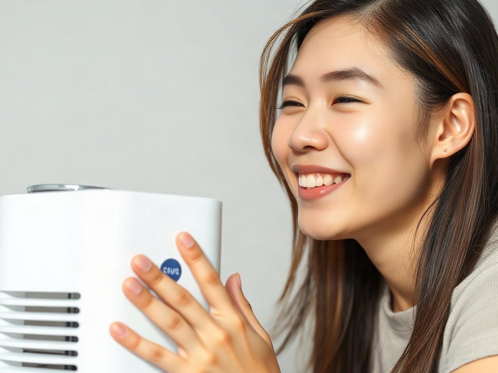 Người Việt hài lòng nhìn máy lọc không khí, biểu lộ sự thoả mãn.