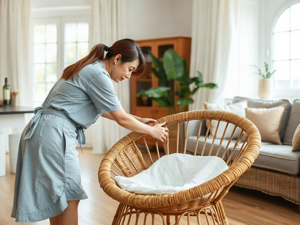 Người Việt kiểm tra ghế mây đã được làm sạch trong phòng khách.