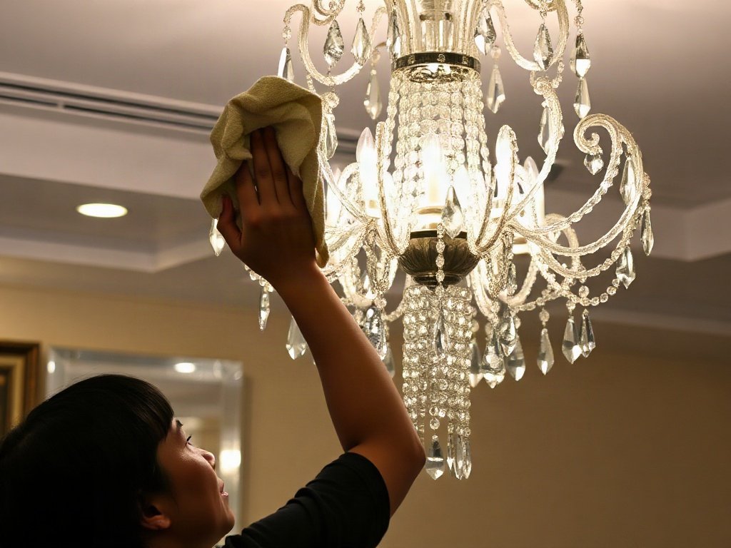 Người Việt lau đèn chùm pha lê bằng khăn mềm