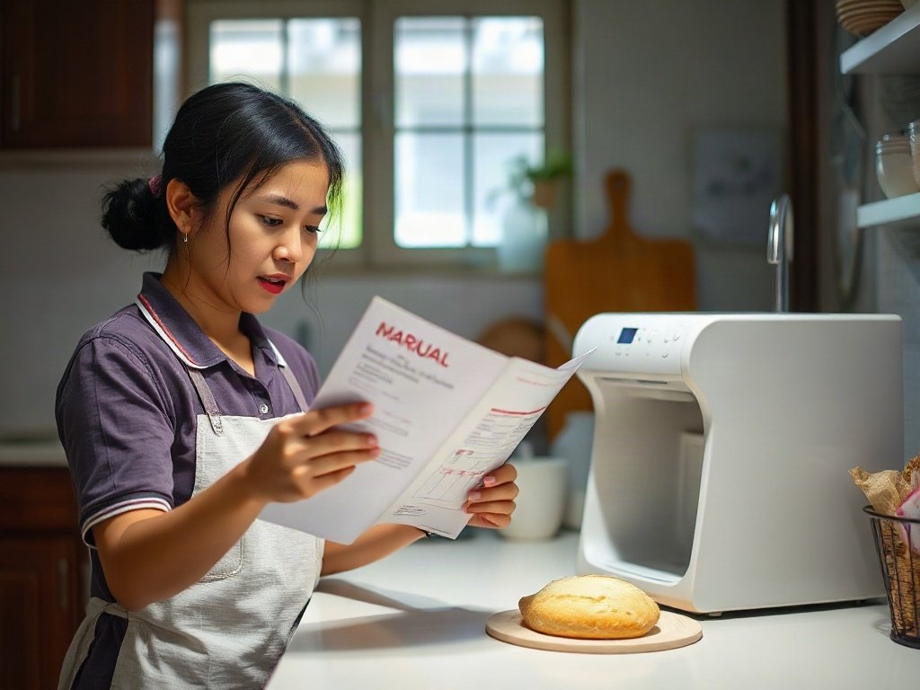Người Việt Nam đọc hướng dẫn sử dụng máy làm bánh mì.
