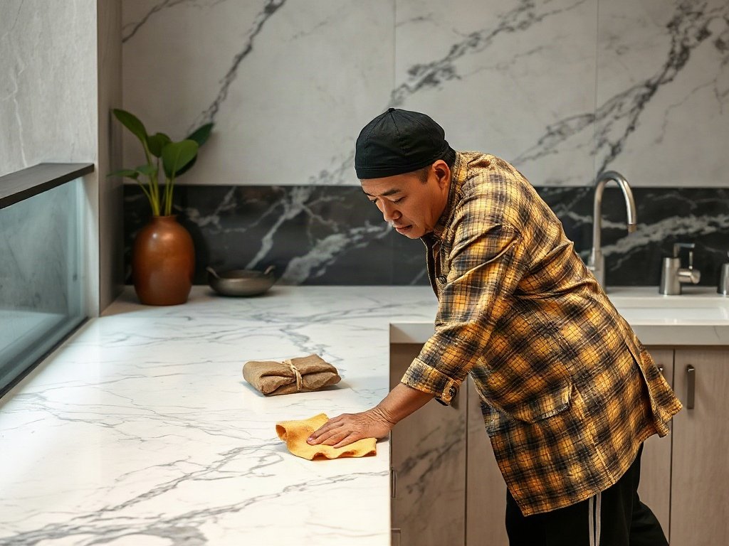 Người Việt Nam lau bề mặt đá cẩm thạch