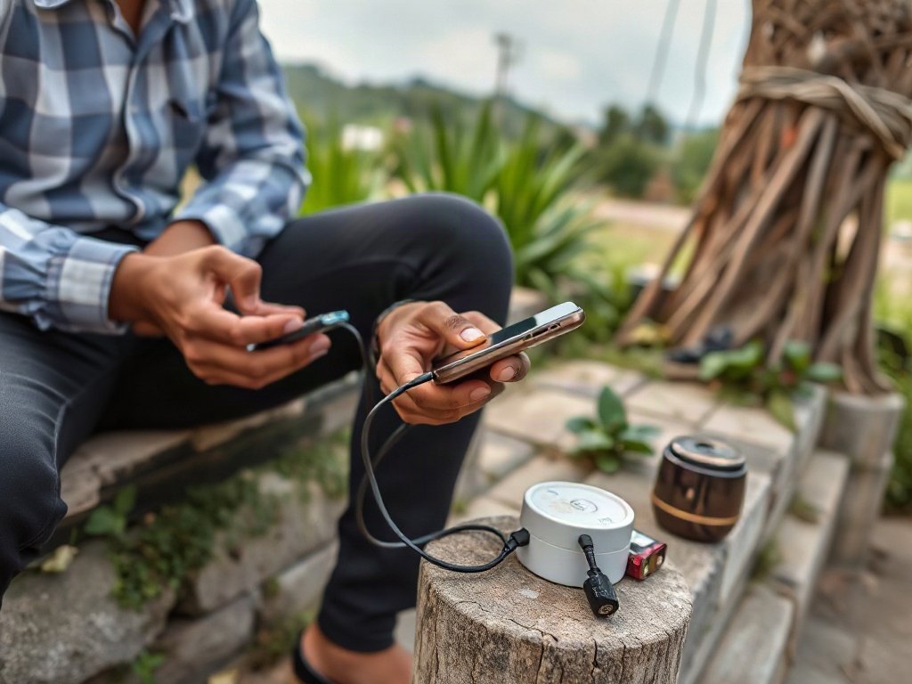 Người Việt Nam sử dụng pin sạc dự phòng để sạc điện thoại hiệu quả ở ngoài trời.