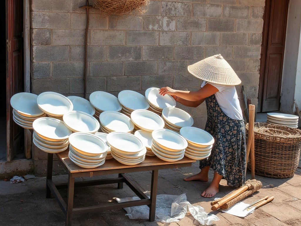 Người Việt phơi khô đĩa gốm sau khi tẩy rửa dưới ánh nắng mặt trời