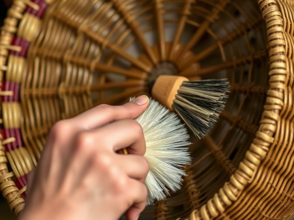 Người Việt phủi bụi giỏ mây bằng bàn chải mềm.