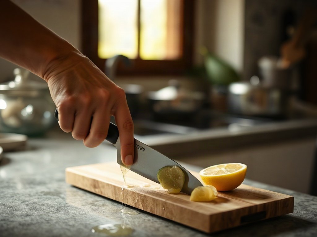 Người Việt rửa dao bằng chanh trong bếp sáng